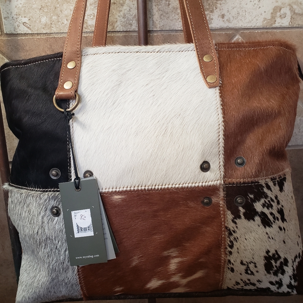 Myra Bag multi patch cowhide leather tote